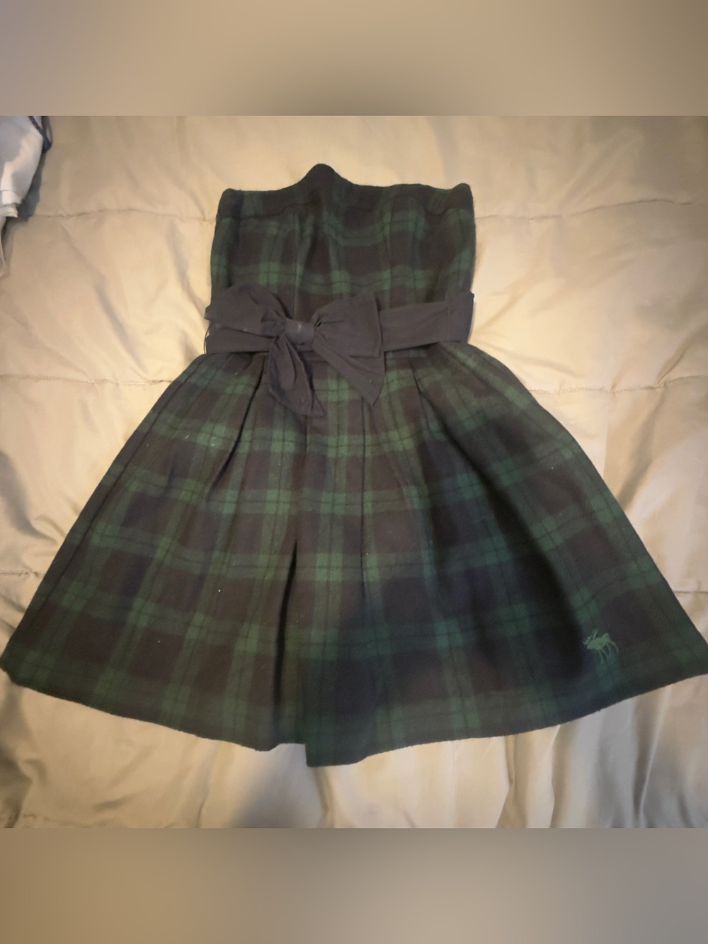 Girls Green and Navy Plaid Strapless Dress with Waist Bow